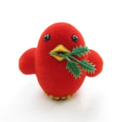 Merry Redbird Ornament Vintage Hallmark 1980 Christmas Tree Decoration -Toy Store Flocked red bird merry christmas ornament with holly