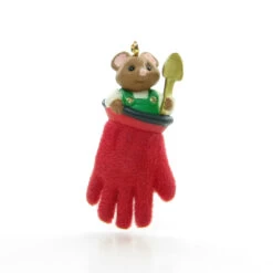 A Gift For Gardening Miniature 2002 Hallmark Keepsake Ornament -Toy Store Flocked red garden glove mouse miniature ornament