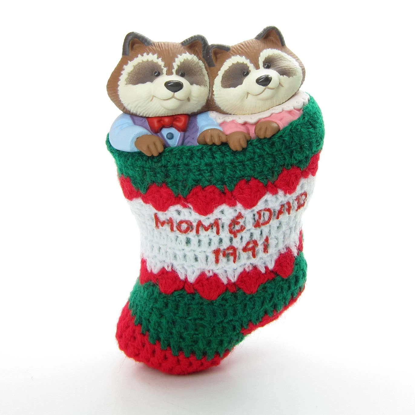 Mom & Dad Raccoons In Stocking Vintage 1991 Hallmark Keepsake Ornament 2 Mom & Dad Raccoons In Stocking Vintage 1991 Hallmark Keepsake Ornament - Image 2