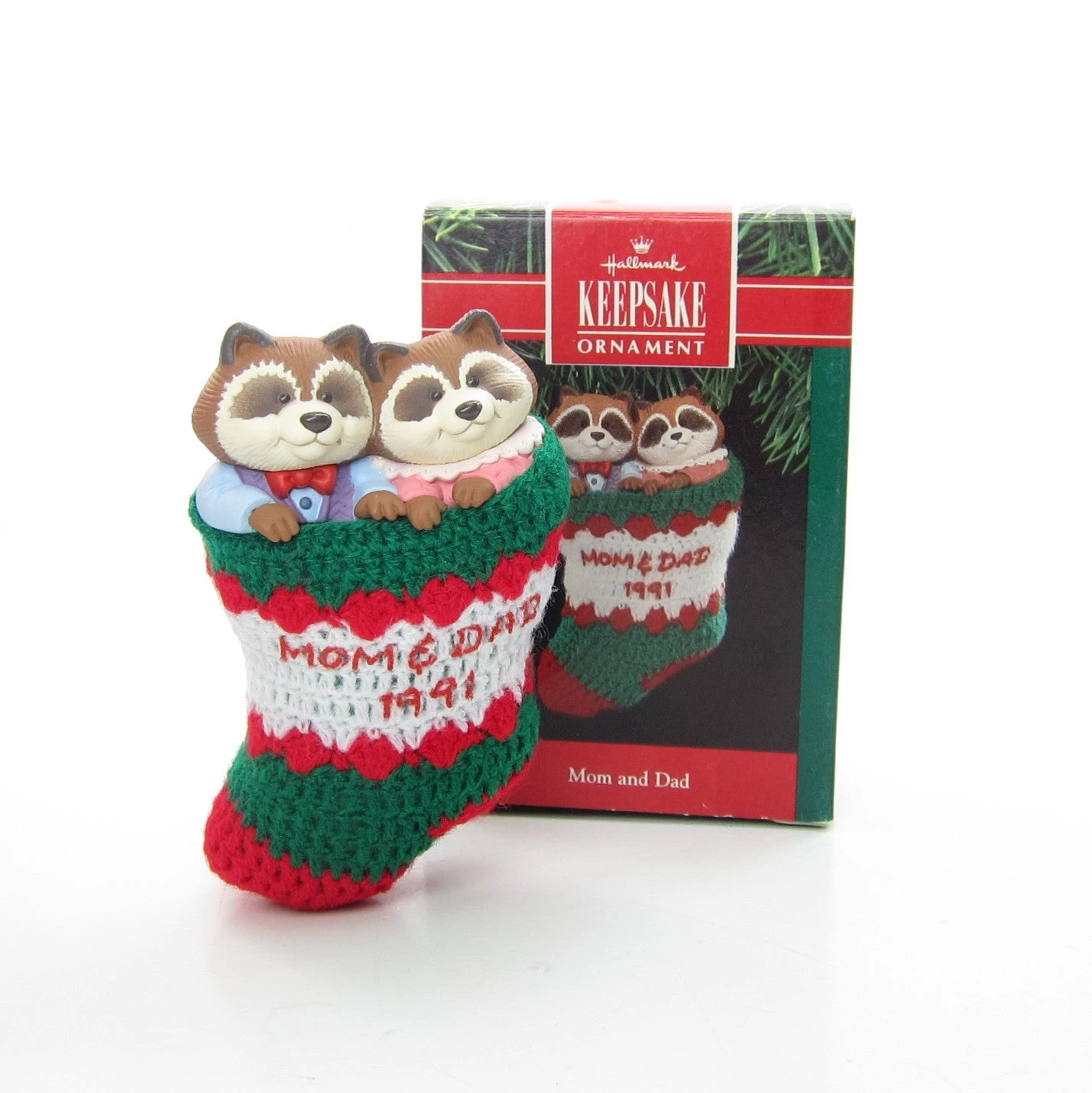 Mom & Dad Raccoons In Stocking Vintage 1991 Hallmark Keepsake Ornament 1 Mom & Dad Raccoons In Stocking Vintage 1991 Hallmark Keepsake Ornament