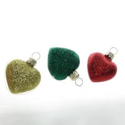 Li'l Hearts Hallmark 2000 Set Of 3 VIP Glitter Glass Ornaments -Toy Store Red green gold glitter hearts glass ornaments hallmark VIP keepsake